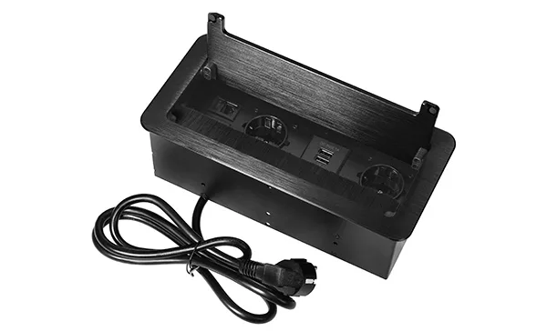 Блок розеточный встраиваемый 2хUSB 5V 2,1A + 2хRJ45 кат. 5e UTP +2x2P+E со шторками, щеточный ввод, кабель 1,5м, 3600вт, черный