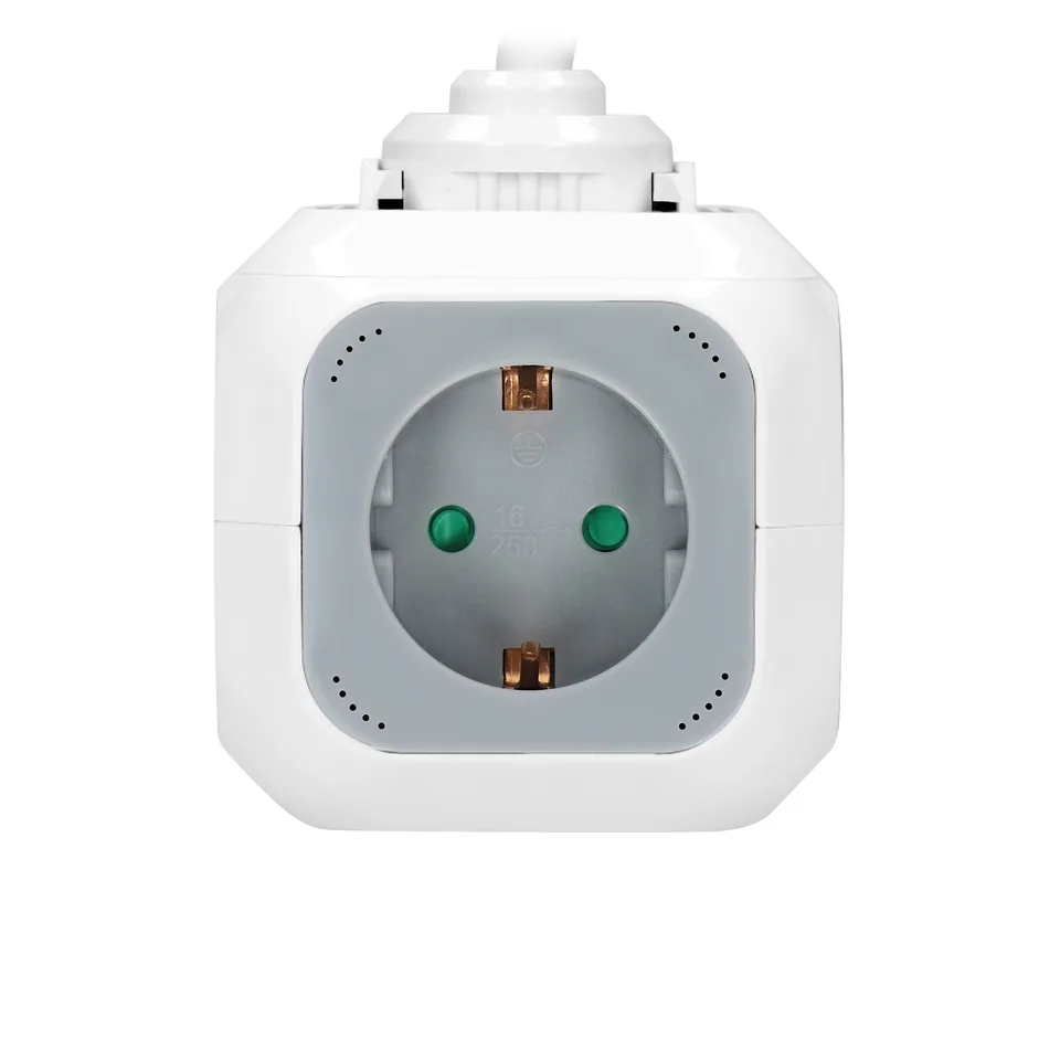 Удлинитель куб, 2хUSB 5V 2,1A + 4x2P+E, со шторками, стандарт, с возможностью накладногомонтажа, кабель 1,4м, серый-белый