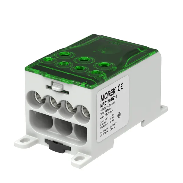 Блок распред. Morek OJL400A зелено-серый, 1P, вх. 1x95_240mm² Al/Cu, вых. 4x2,5_35 + 3x6_50mm² Cu, 425(CU)/380(AL), 1000V, винтовые зажимы