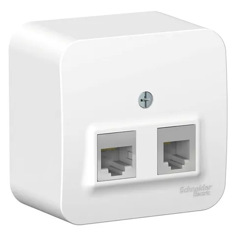 Розетка телефонная Systeme Electric Blanca, открытой установки двойная: комп. RJ45, кат.5E + телеф. RJ11, изол. пл., белый