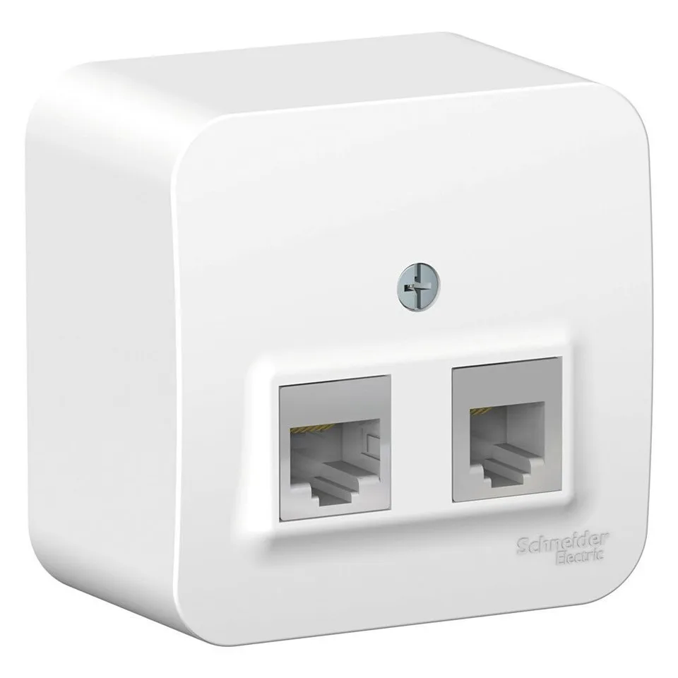 Розетка телефонная Systeme Electric Blanca, открытой установки двойная: комп. RJ45, кат.5E + телеф. RJ11, изол. пл., белый