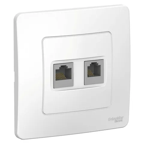 Розетка телефонная Systeme Electric Blanca, скрытой установки двойная: комп. RJ45, кат.5E + телефон. RJ11, белый