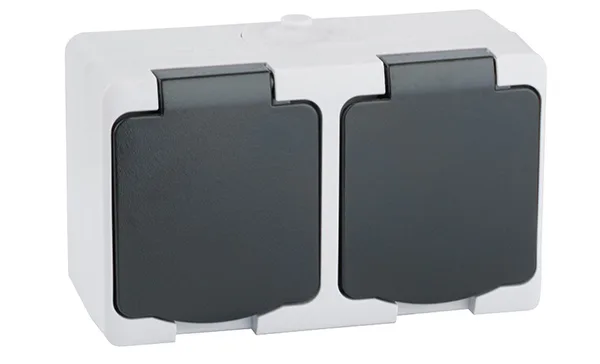 Mini - Розетка 2Х2Р+Е 16A/250V, с крышкой, защ.шторки, черно-серый, IP54