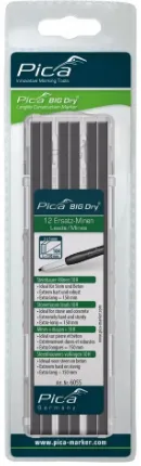 Набор грифелей-стержней для строительного карандаша PICA BIG Dry 6060 (12 шт, серые) в блистере / для разметки бетона, камня, кирпича