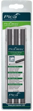 Набор грифелей-стержней для строительного карандаша PICA BIG Dry 6060 (12 шт, серые) в блистере / для разметки бетона, камня, кирпича