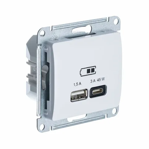 USB-розетка Systeme Electric Glossa, USB розетка A + тип-C 45W высокоскорост. зарядка QC, PD, механизм, белый