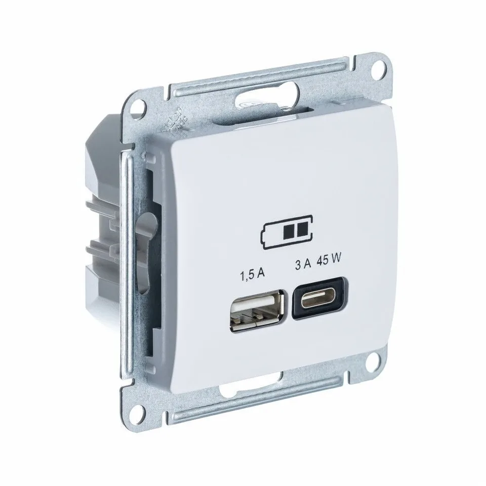 USB-розетка Systeme Electric Glossa, USB розетка A + тип-C 45W высокоскорост. зарядка QC, PD, механизм, белый