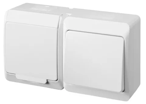 HERMES - Выключатель 10A/250V + Розетка 2P+E, 16A/250V, с крышкой, IP44, белый