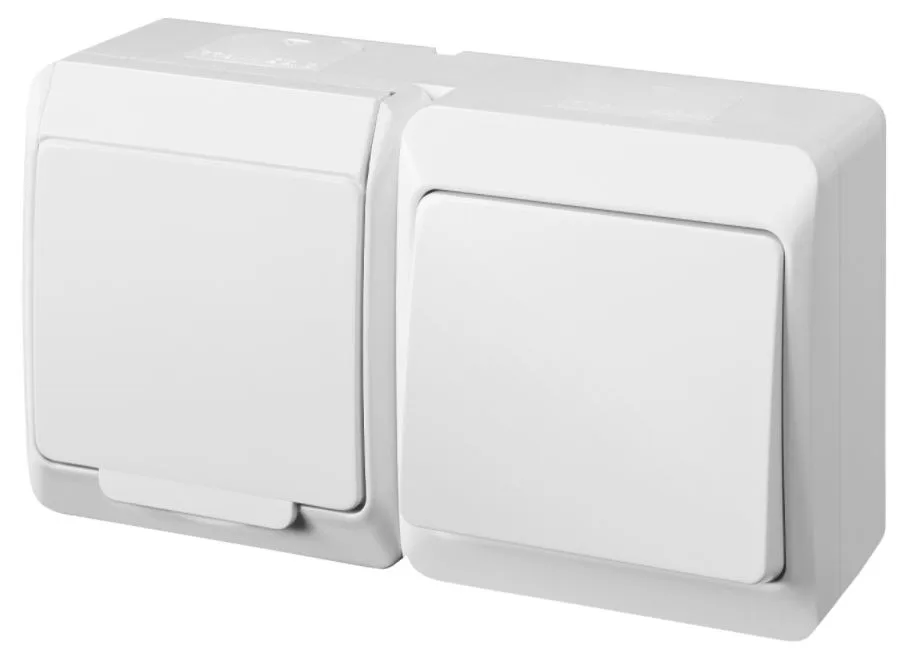 HERMES - Выключатель 10A/250V + Розетка 2P+E, 16A/250V, с крышкой, IP44, белый