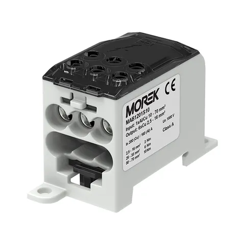 Блок распред. Morek OJL200A черно-серый, 1P, вх. 1x10_70mm² Al/Cu, вых. 6x2,2_16mm² Cu, 200(CU)/160(AL), 1000V, винтовые зажимы