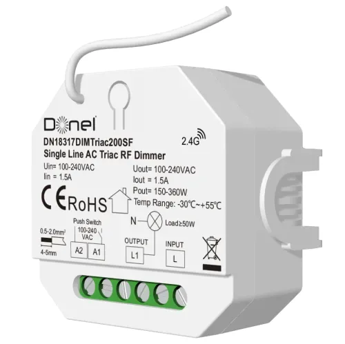 Диммер RF+Push, AC 230В без подключения нейтрали, LED 200Вт, Push-Dim, Triac