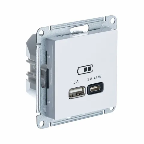 USB-розетка Systeme Electric AtlasDesign, USB розетка A + тип-C 45W высокоскор. заряд. QC, PD, механизм, белый