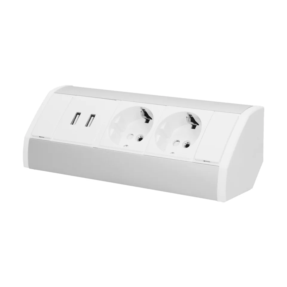 Блок розеточный угловой, 2хUSB 5V 2,1A +2х 2P+E со шторками, накладной, кабель 0,6м, 3680вт, белый-алюминий