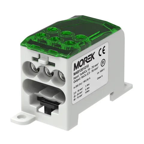 Блок распред. Morek OJL200A зелено-серый, 1P, вх. 1x10_70mm² Al/Cu, вых. 6x2,2_16mm² Cu, 200(CU)/160(AL), 1000V, винтовые зажимы