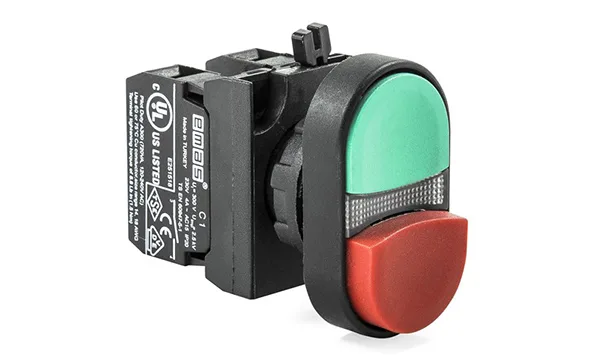 Кнопка двойная CP, красный/зеленый, выступ./плоская, 1NO+1NC, 4A 230V AC15, с линзой, 22mm, IP65