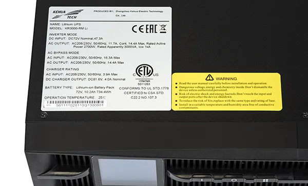ИБП Kehua KR-RM Li, 3000VA/3000W, RT 2U, ЖК-дисплей, со встроенной литиевой батареей 72Vdc, время резервирования 11 минут, 6×IEC320 C13, 1×IEC320 C19