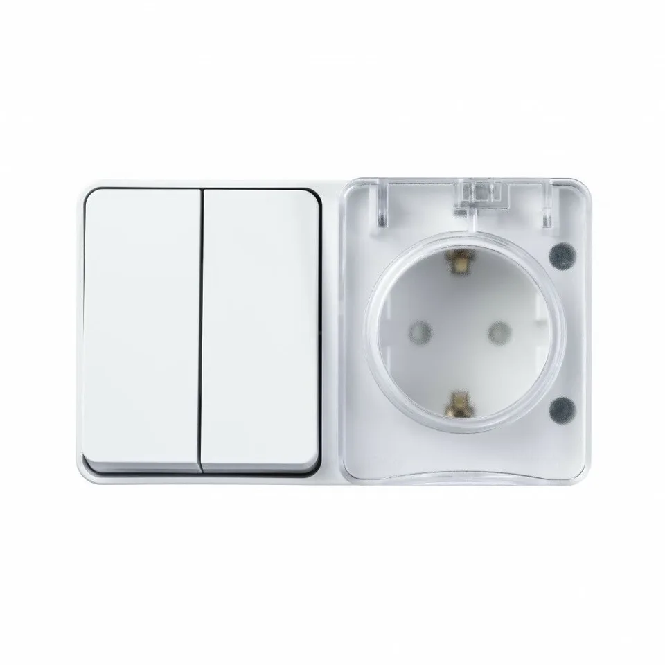 Выключатель и розетка Systeme Electric AtlasDesign, Profi54 открытой установки блок: роз. з/к со шт. 16А 250B, выкл.2-клав.10А, белый, Россия