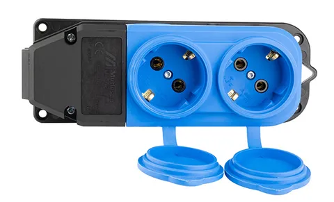Tena - Блок розеточный 2х2P+E c крышкой, IP44, моноблок, синий