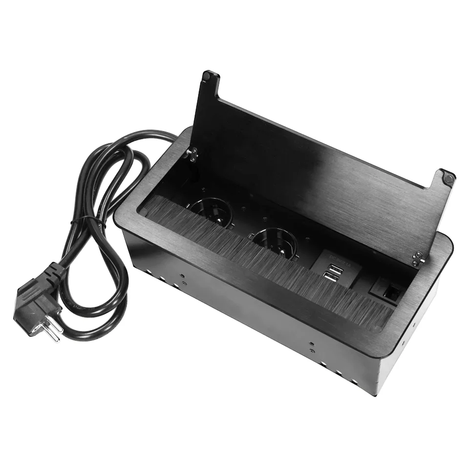 Блок розеточный встраиваемый 2x2P+E со шторками, 3600Вт, 2хUSB 2,1A, 2xRJ45, кабель 1,5m, щеточный ввод, металл, черный