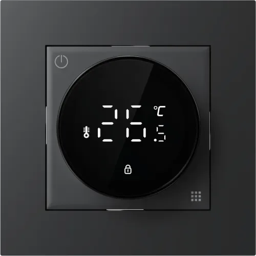 Терморегулятор с датчиком пола, 16 A, 55*55 мм. черный, поворотная ручка настройки с индикацией