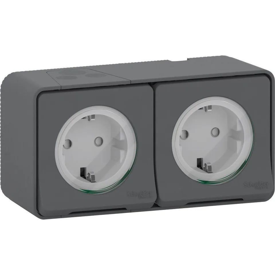 Блок Schneider Electric Mureva, S, из двух розеток с з/к. и шт., открытой установки, антрацит, IP55