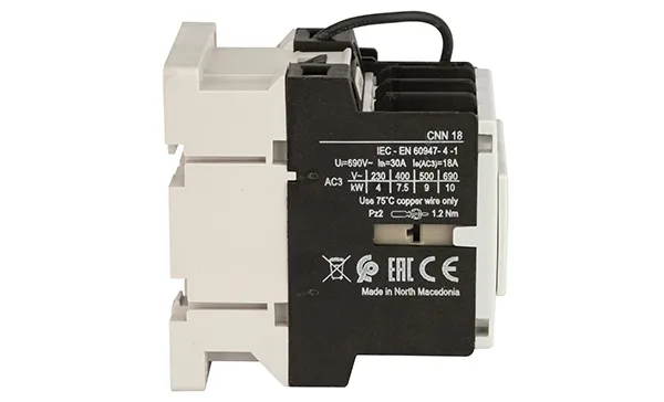Контактор CNN 18 10, 3P, 18A/(30A по AC-1), 7.5kW(400VAC), 1NO, Uk=24VDC, Iвтяг=5,1А, Iудерж=0,12А