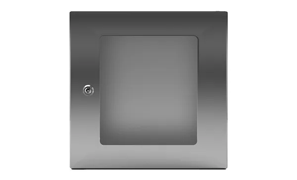 Щит ECOR моноблочный 400x300x200мм (ВxШxГ) из нерж. стали навесной с монт. панелью со стеклянной дверью, 1 язычковый замок, дно глухое, IP66