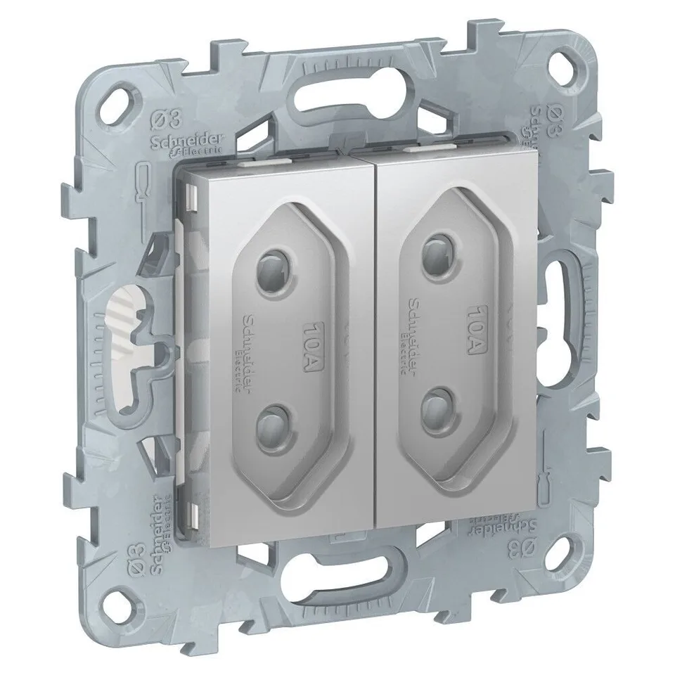 Розетка Schneider Electric Unica, NEW 2-модульная, без зазем., со шторк, винт. зажим, 10 А, алюминий