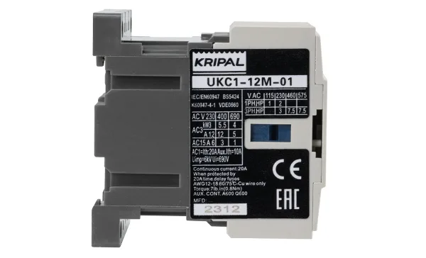 Мини-контактор UKC1-12M-01-230AC, 3P, 12A(AC-3), 20A(AC-1), 5.5kW(400VAC), Uк=230VAC, 1NC