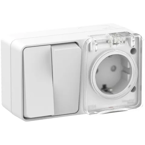Выключатель и розетка Systeme Electric AtlasDesign, Profi54 открытой установки блок: роз. з/к со шт. 16А 250B, выкл.2-клав.10А, белый, Россия