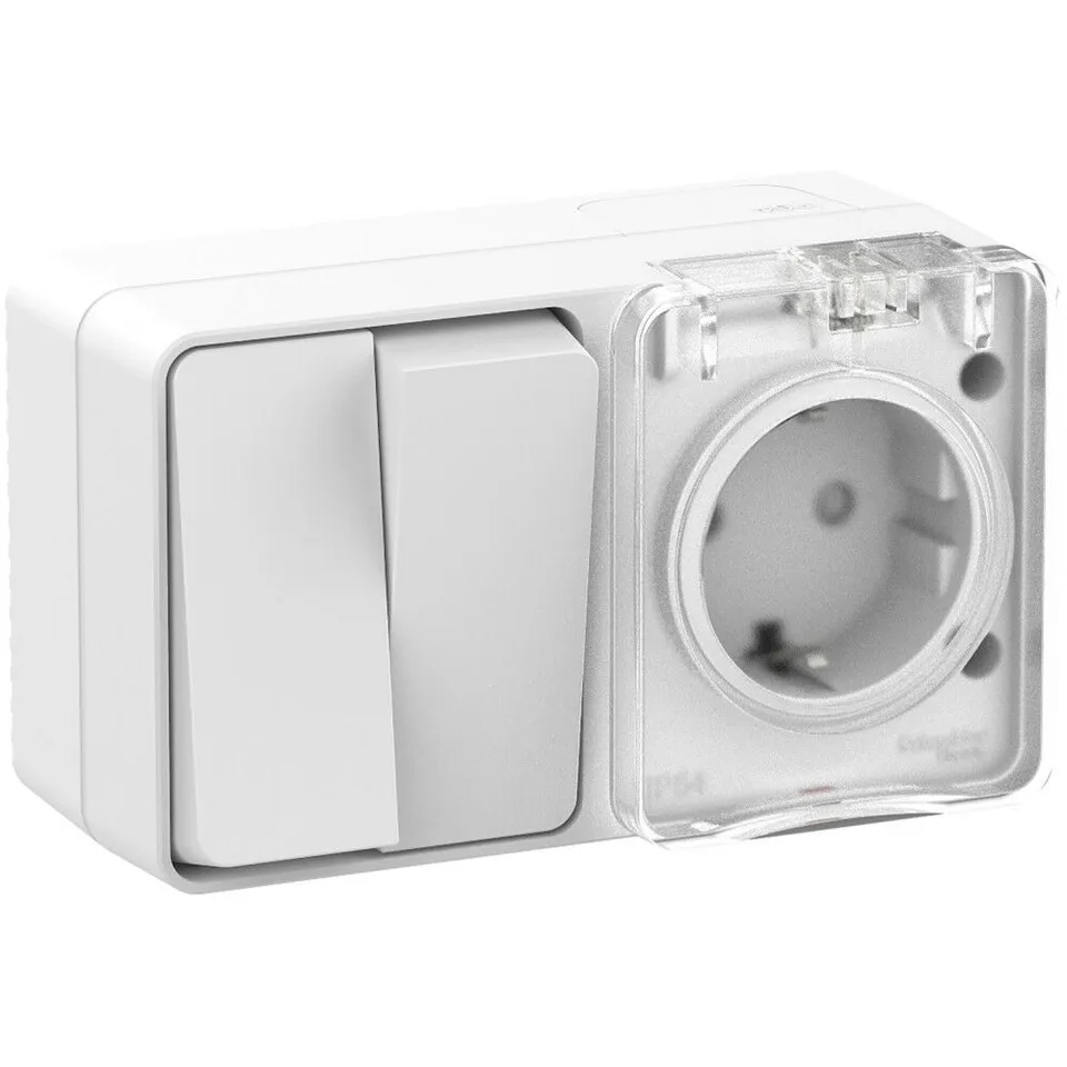 Выключатель и розетка Systeme Electric AtlasDesign, Profi54 открытой установки блок: роз. з/к со шт. 16А 250B, выкл.2-клав.10А, белый, Россия