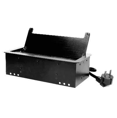 Блок розеточный встраиваемый 2x2P+E со шторками, 3600Вт, 2хUSB 2,1A, 2xRJ45, кабель 1,5m, щеточный ввод, металл, черный