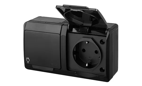 HERMES - Розетка 2x2P+E, 16A/250V, с крышкой, IP44, черный