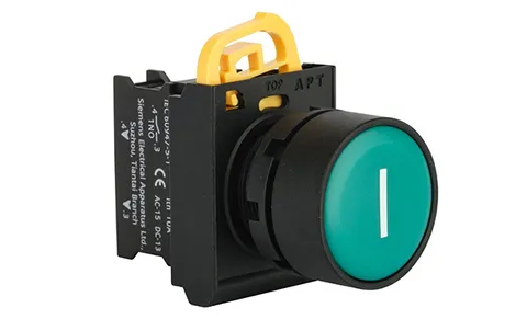 Кнопка плоская PB3E, зеленая "I", без фиксации, без подсветки, 1NO, 6A 230VAC/24VDC, 22mm, IP65