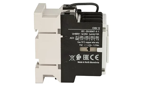 Контактор CNN 12 10, 3P, 12A/(25A по AC-1), 5.7kW(400VAC), 1NO, Uk=24VDC, Iвтяг=5,1А, Iудерж=0,12А