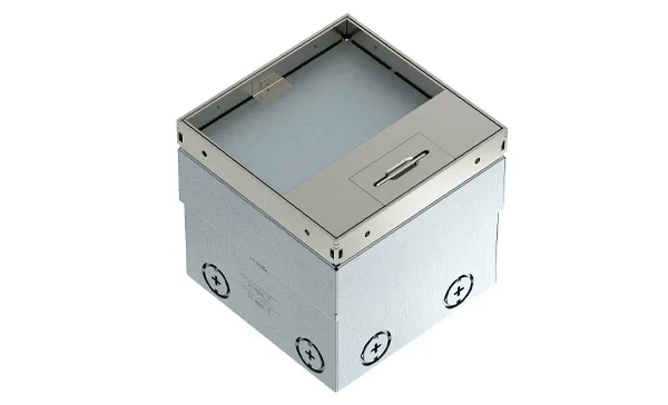 Лючок UDHOME2 GV15V универсальный, 4M + 2RJ45, под покрытие до 15мм, для стяжки h=110-135мм, укомплектованный розеткой 2х2P+E, нерж. сталь