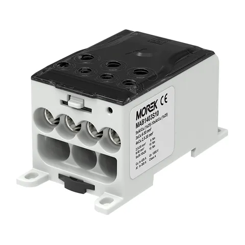Блок распред. Morek OJL400AF, черный/серый, 1P, вх.шина 10x25mm² Al/Cu, вых. 4x2,5_35+3x6_50mm² Cu, 425(CU)/380(AL), с шины на провода