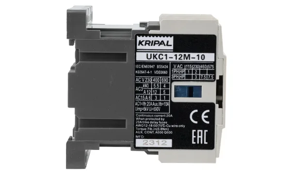 Мини-контактор UKC1-12M-10-230AC, 3P, 12A(AC-3), 20A(AC-1), 5.5kW(400VAC), Uк=230VAC, 1NO